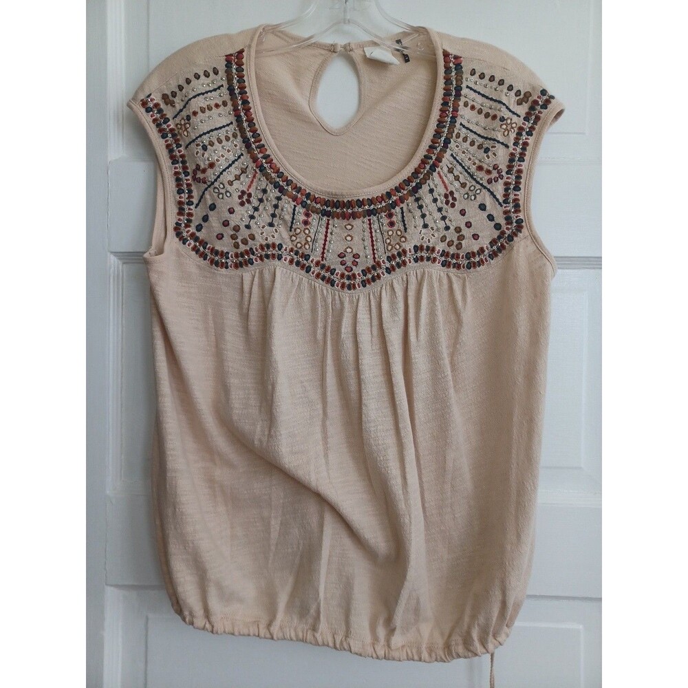 Anthropologie Akemi & Kin Mirabelle top XS taupe embroidery sequins tassel tie